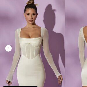 Oh Polly Long Sleeve Mesh Corset Mini Dress in White